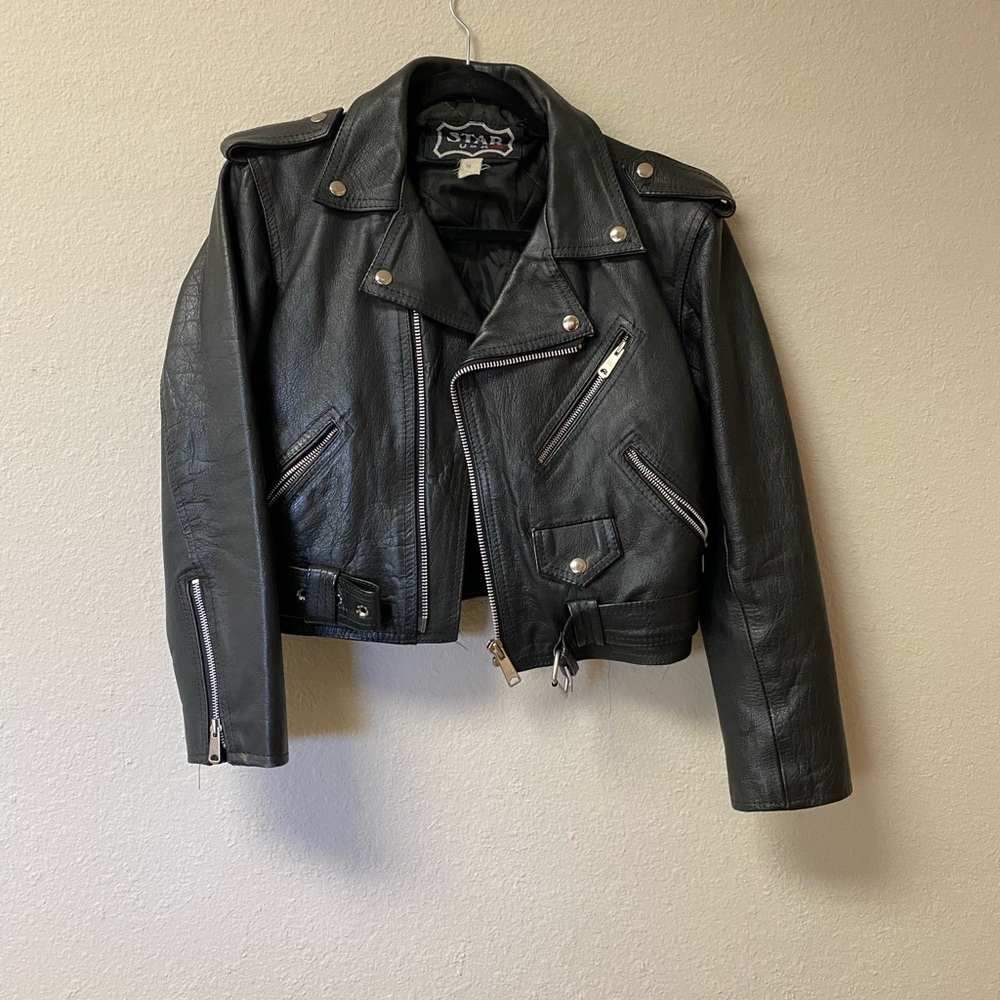 Black Leather Biker Jacket - Women's Cropped Moto Coat
